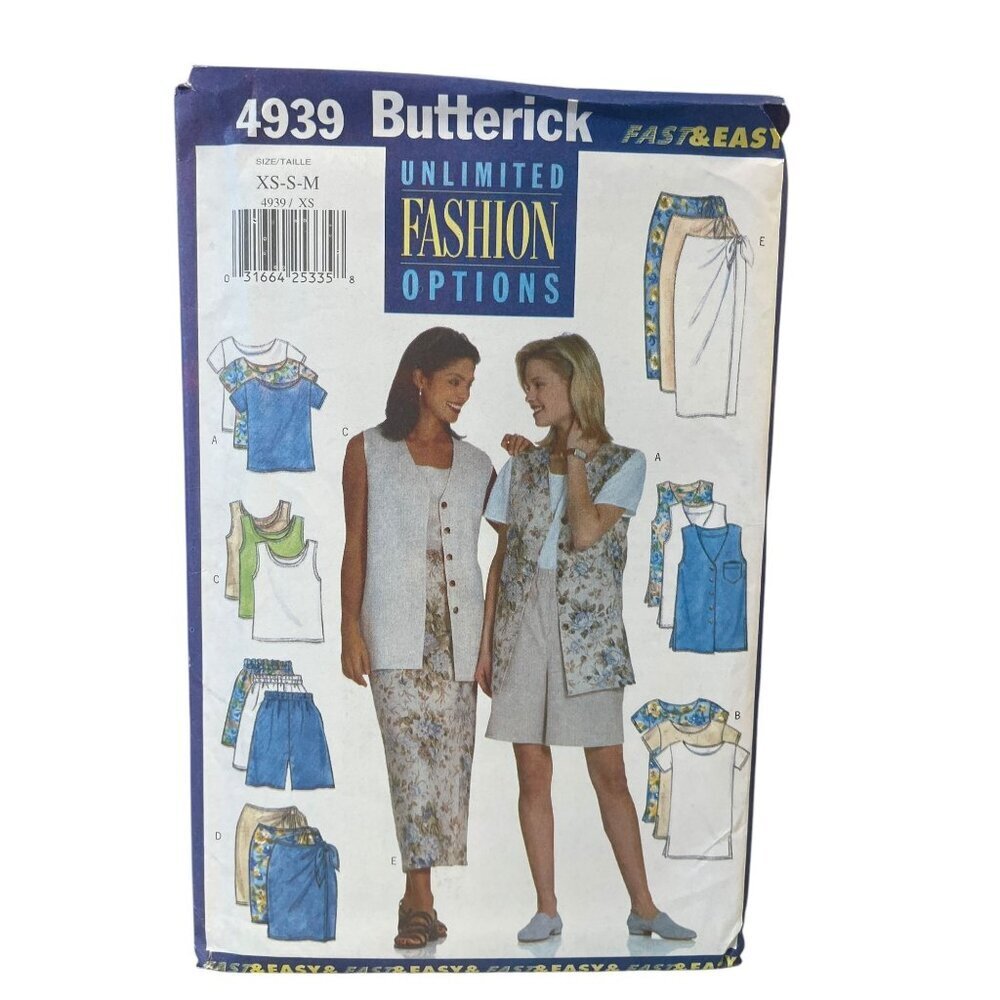 Butterick 4939 Sewing‎ Pattern Vest Shirt Top Skirt Shorts Misses XS-S-M